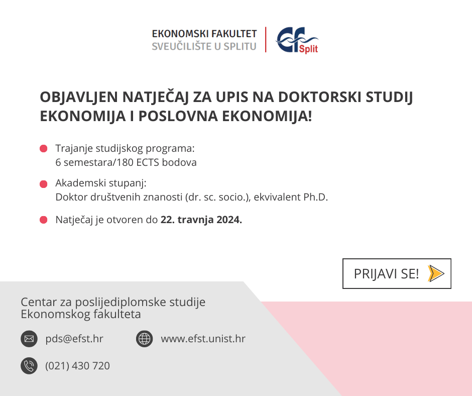 Objavljen natječaj za upis na Doktorski studij Ekonomije i Poslovne ekonomije u ak. god. 2023./2024.