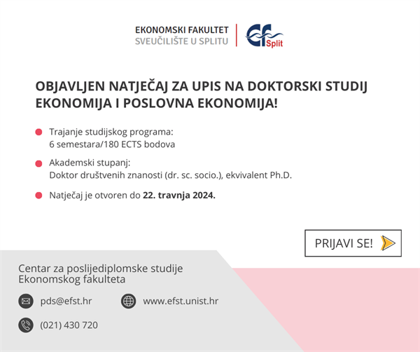 Objavljen natječaj za upis na Doktorski studij Ekonomije i Poslovne ekonomije u ak. god. 2023./2024.